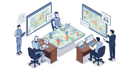 Isometric ai robots and humans in collaborative workspace with digital maps