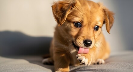 Golden Puppy's Moment: A charming and adorable golden puppy sits contentedly, its tender gaze fixed on its paw as it delicately cleans itself.