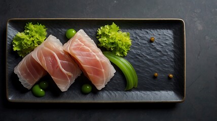 Close up of sashimi slices with lettuce and green garnish on a dark textured rectangular plate