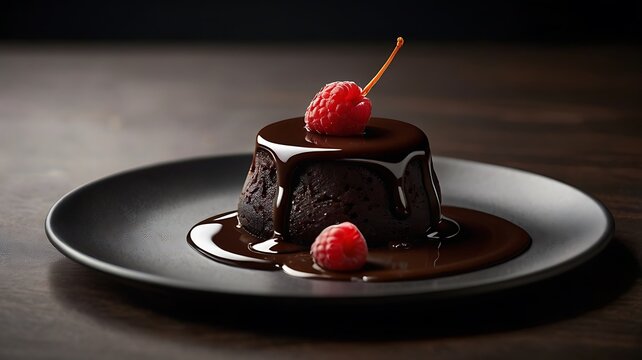 A dark chocolate dessert with raspberries on a black plate with chocolate sauce drizzled on top