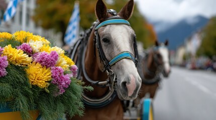 Obraz premium oktoberfest parade, oktoberfest parade features brewery carts, traditional outfits, and waving bavarian flags