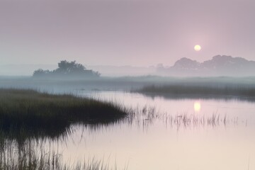 Fototapeta premium Experience the serenity of a marshland at dawn, with horizon light blending with a soft glow, ethereal and peaceful Gentle mists rise above still waters, reflecting the pale sky.