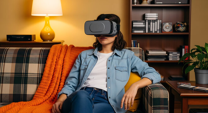 A woman wearing a VR headset sits on a sofa, experiencing virtual reality.