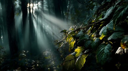 Sunlight streaming through dense forest leaves