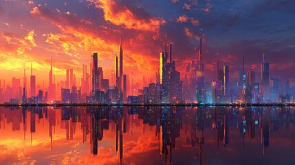 Futuristic solar-powered city skyline during sunset hour.