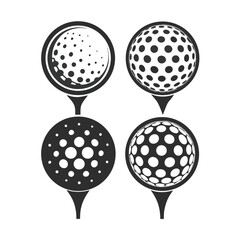 Four Golf Balls on Tees Displaying Different Dot Patterns and Giving Golfing or Sports Imagery