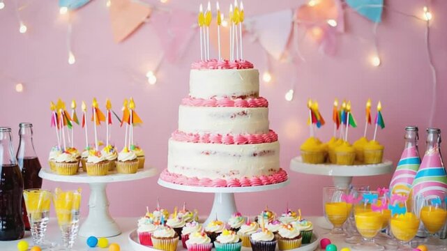 Colorful birthday celebration with a tiered cake, cupcakes, and drinks against a festive backdrop
