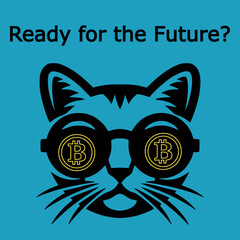 Bold cat face sporting Bitcoin symbol glasses on a deep teal backdrop. This sleek crypto-themed design captures the cutting-edge future of digital currency and blockchain innovation.