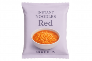 Purple instant noodles package displaying prepared meal, positioned against transparent background