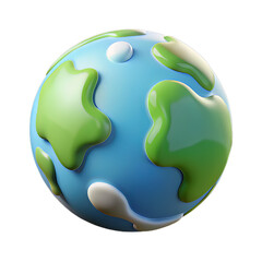 Glossy Blue and Green Plastic Planet Icon with Simplified Landmass Design on Transparent Background