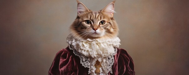 A cat dressed in a vintage-style, burgundy velvet gown.