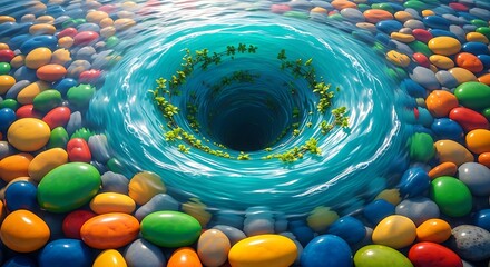 Vibrant vortex of colorful spheres