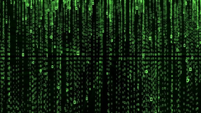 Digital rain cascade showcases binary code in an abstract, dark backdrop creating a mesmerizing visual effect