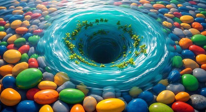 Vibrant vortex of colorful spheres