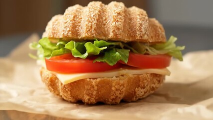 Close-up view of a fresh sandwich on a brown paper. The sandwich features layers of tomato cheese and lettuce. Healthy food concept. - Powered by Adobe