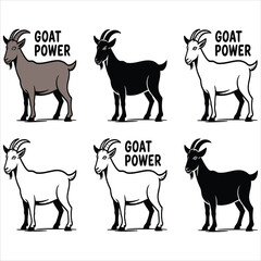 Goat Power logo concept collection. Set of isolated graphic goat mascots and icons for branding, presented in various design styles.