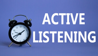 Active listening symbol. Beautiful purple background with alarm clock. Business and Active...