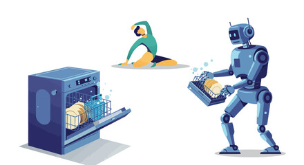 Fototapeta premium Robot doing household chores while woman exercises for a modern lifestyle concept