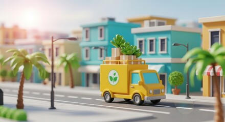 Naklejka premium Eco-friendly Delivery Truck Transporting Goods Through a Sunny Town