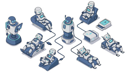 Futuristic isometric robots in various poses and activities
