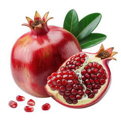  ripe pomegranate and seeds isolated on white and transparent background.