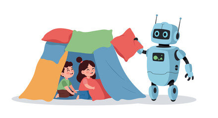 Friendly robot helping kids build a colorful pillow fort in a playful scene