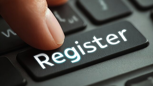 A homepage call-to-action reading “Register” is shown with a hovering cursor ready to click.
 - Powered by Adobe