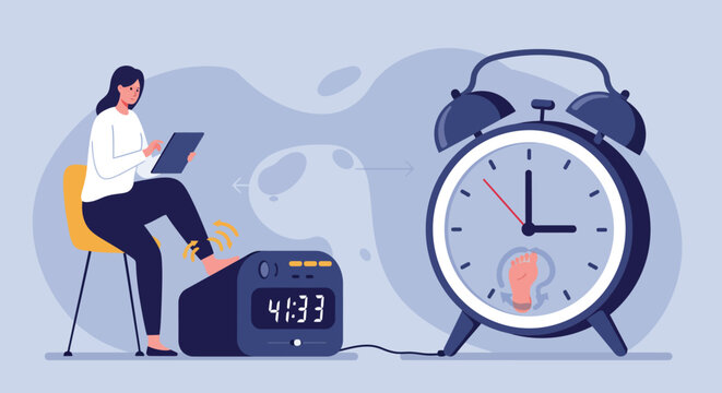 Time management concept with alarm clock and relaxing woman using a device