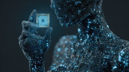 A high-tech human figure grasps a microchip, embodying the integration of people and digital advancements.
