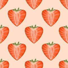 Seamless pattern of heart-shaped strawberries on an orange background