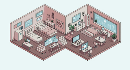 Obraz premium Modern minimalist isometric apartment with smart technology and pastel tones