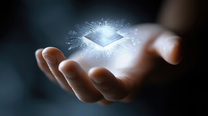 A glowing futuristic microchip hovers above an open hand, representing cutting-edge technology and innovation.
