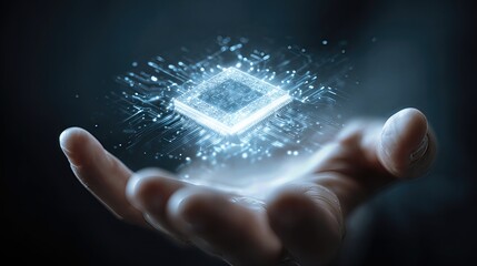 A glowing futuristic microchip hovers above an open hand, representing cutting-edge technology and innovation.
