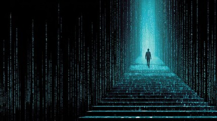 A digital figure ascends glowing, pixelated stairs, surrounded by streams of binary code, symbolizing a journey through technology and innovation.
