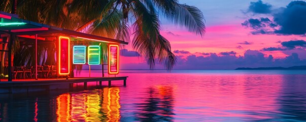 Neon-lit beachfront bar at sunset.