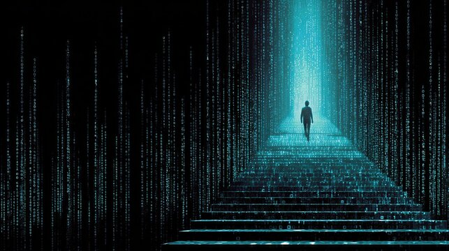 A digital figure ascends glowing, pixelated stairs, surrounded by streams of binary code, symbolizing a journey through technology and innovation.