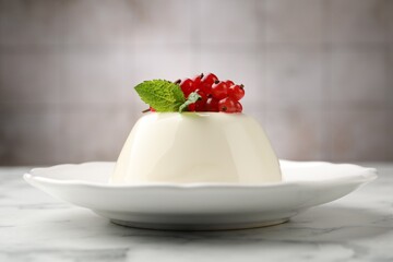 Delicious panna cotta with red currants, sauce and mint on white marble table against blurred background, closeup