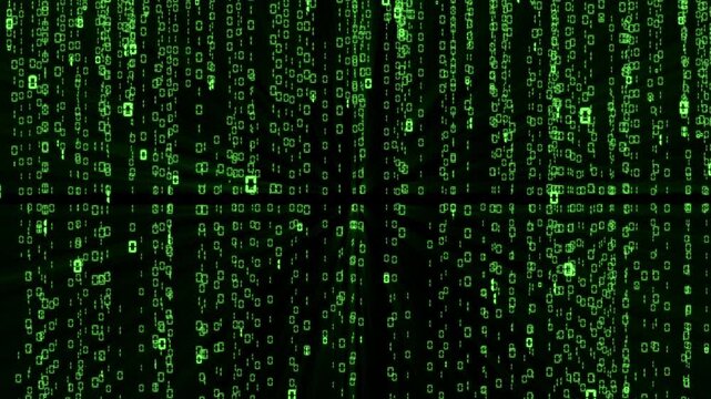 Green binary code rain creates a digital atmosphere in an immersive tech environment - Powered by Adobe