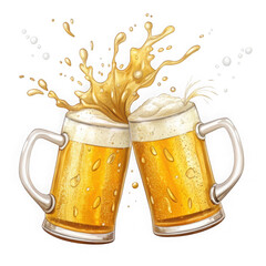 Two frothy beer mugs clinking together with a splash isolated on transparent background