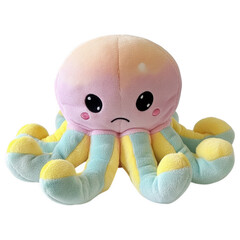 Playful Octopus Plush Toy: A soft, reversible plush octopus displays opposing cheerful and grumpy expressions with contrasting vibrant pastel colors, offering a tactile and emotional exploration.