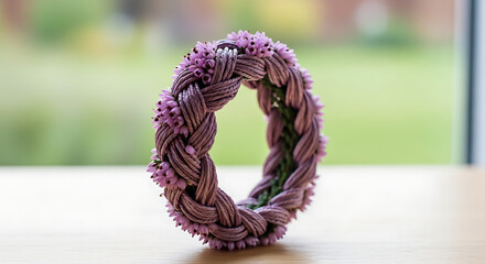 Close up of a braided wreath decorated with small purple flowers sitting on a wooden surface indoors ai generated