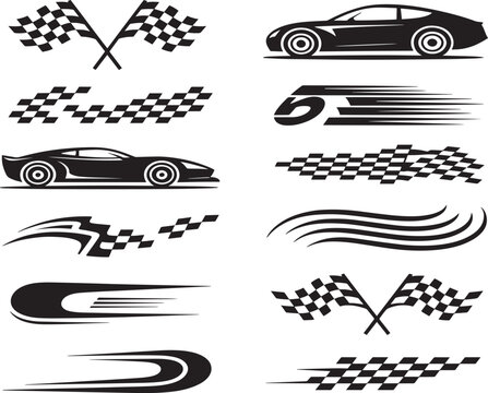 Racing Car Graphics Checkered Flags, Speed Stripes, and Car Silhouettes