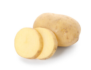 Whole and cut potatoes isolated on white