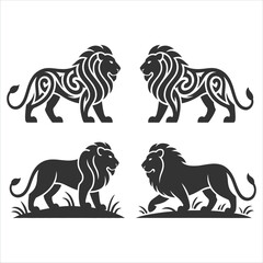 Obraz premium Collection of majestic lion vector illustrations. Set of tribal ornament and classic silhouette animal graphics for heraldic emblems.