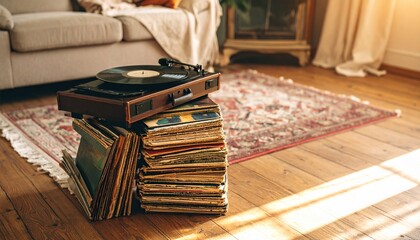 Vintage Record Player, Vinyl Stack, Sunny Living Room