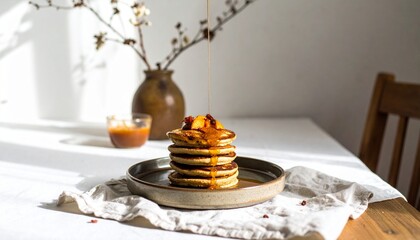 Delicious Pancakes with Maple Syrup, Sunlit Table Setting