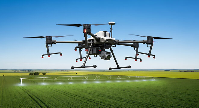 Aerial view of a drone flying over a green field with an irrigation system under a clear blue sky ai generated