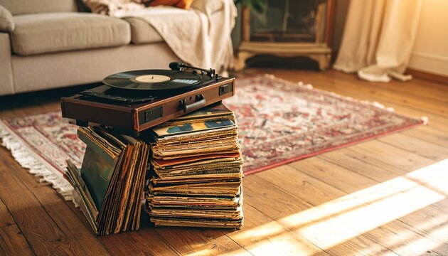 Vintage Record Player, Vinyl Stack, Sunny Living Room
