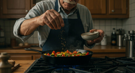 Old gentleman seasoning a cast iron skillet of vegetables