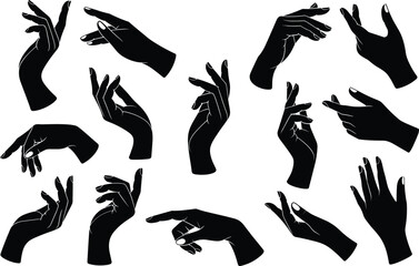 Collection of elegant black silhouette hands in various graceful poses and gestures
